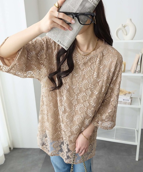 ReDial（リダイアル）の「レース重ねTシャツ（Tシャツ/カットソー・レディース・ブラック/ピンク/ホワイト/モカ・M/L/LL/3L）」の10枚目の写真