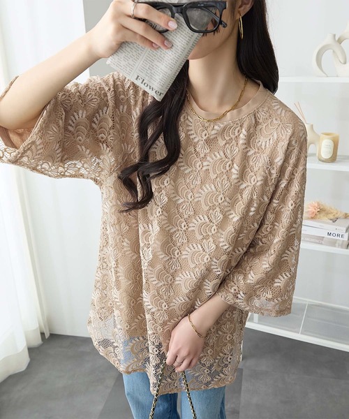 ReDial（リダイアル）の「レース重ねTシャツ（Tシャツ/カットソー・レディース・ブラック/ピンク/ホワイト/モカ・M/L/LL/3L）」の9枚目の写真