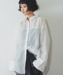 ストライプ柄チュール重ねシャツ