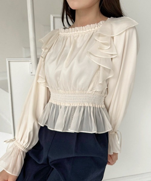an another angelus（アンアナザーアンジェラス）の「ボリュームスリーブラッフルシアーブラウス（シャツ/ブラウス・レディース・アイボリー/ピンク/ミント・FREE）」の7枚目の写真