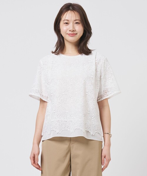 J.PRESS(ジェイプレス)の「レースコンビジャージー カットソー(Tシャツ/カットソー・レディース・ホワイト系/ライトグレー系・T13)」の1枚目の写真