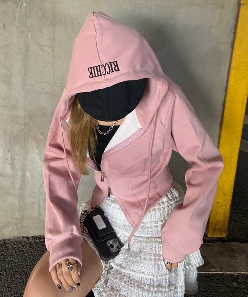 non-hedge(ノンヘッジ)の「刺繍ロゴショート丈ジップパーカー(パーカー・レディース・ピンク/グレー/オフホワイト/ブラック・FREE)」の4枚目の写真