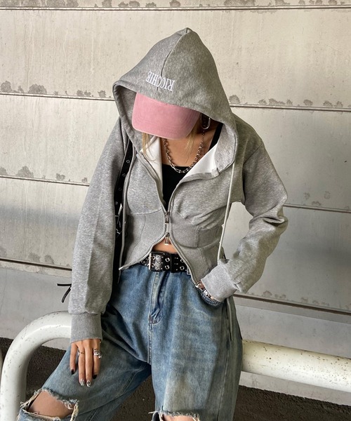 non-hedge(ノンヘッジ)の「刺繍ロゴショート丈ジップパーカー(パーカー・レディース・ピンク/グレー/オフホワイト/ブラック・FREE)」の8枚目の写真
