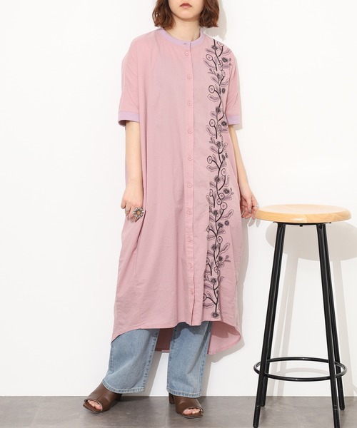 Emago(イマゴ)の「EMAGO 縦花刺繍コクーンワンピース 半端袖(シャツワンピース・レディース・ネイビー/ホワイト/ピンク・FREE)」の15枚目の写真