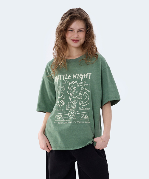 GHOST REPUBLIC（ゴーストリパブリック）の「バトルナイトグラフィックピグメント半袖Tシャツ2カラーGT-388（Tシャツ/カットソー・レディース・チャコールグレー/オリーブ・LARGE/X-LARGE/XX-LARGE）」の19枚目の写真