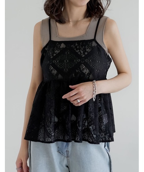 Re:EDIT（リエディ）の「[2026 SUMMER COLLECTION]ストレッチブロックレースキャミソール（キャミソール・レディース・アイボリー/ブラック・LARGE/MEDIUM）」の6枚目の写真