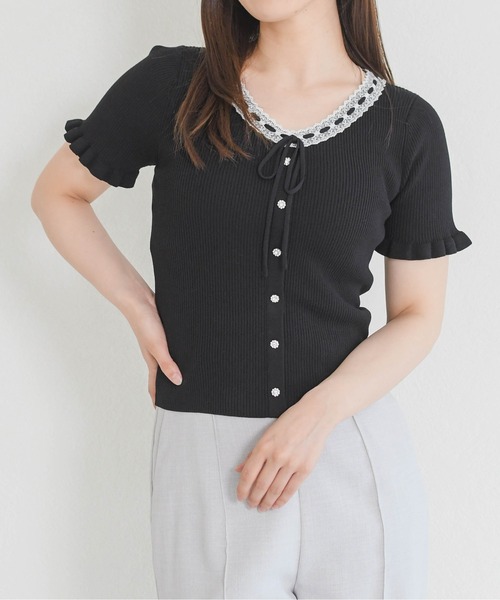 MISCH MASCH（ミッシュマッシュ）の「2026春夏新作 リボン付きレーストリムVネック半袖ニット（ニット/セーター・レディース・グレー/ブラック/ホワイト・ﾌﾘ-）」の14枚目の写真