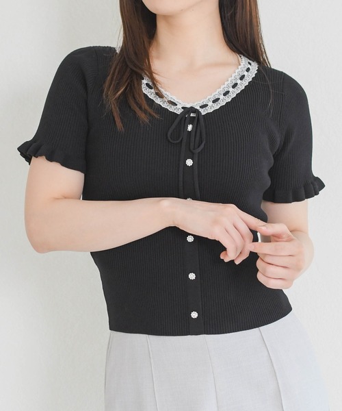 MISCH MASCH（ミッシュマッシュ）の「2026春夏新作 リボン付きレーストリムVネック半袖ニット（ニット/セーター・レディース・グレー/ブラック/ホワイト・ﾌﾘ-）」の15枚目の写真
