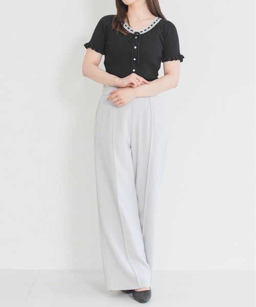 MISCH MASCH（ミッシュマッシュ）の「2026春夏新作 リボン付きレーストリムVネック半袖ニット（ニット/セーター・レディース・グレー/ブラック/ホワイト・ﾌﾘ-）」の16枚目の写真