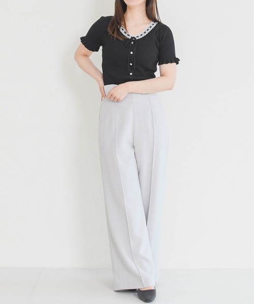 MISCH MASCH（ミッシュマッシュ）の「2026春夏新作 リボン付きレーストリムVネック半袖ニット（ニット/セーター・レディース・グレー/ブラック/ホワイト・ﾌﾘ-）」の17枚目の写真