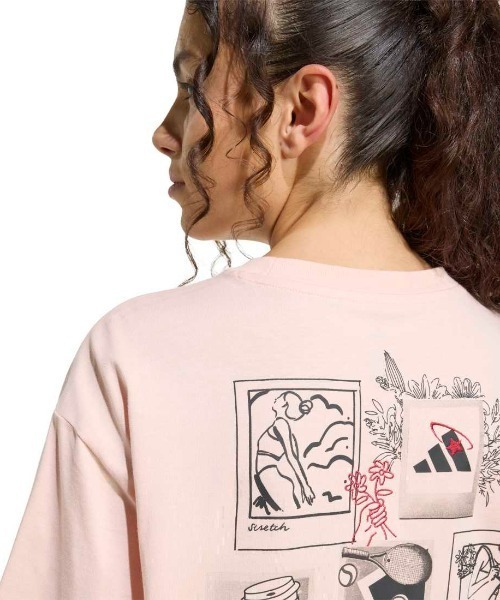 adidas（アディダス）の「アディダス adidas ミニ刺しゅう オーバーサイズ グラフィック半袖Tシャツ（Tシャツ/カットソー・レディース・ホワイト/スモークピンク・S/M/L/XL）」の6枚目の写真