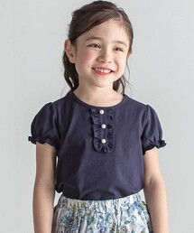飾りパールボタン付きフリル前立てパフスリーブTシャツ