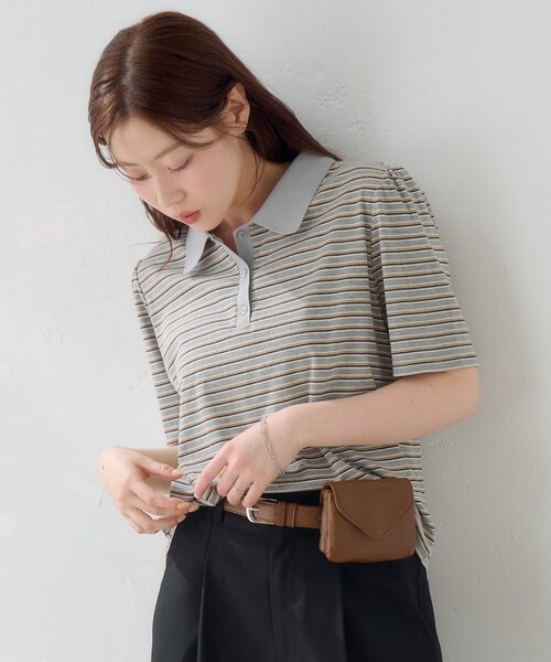 Kastane（カスタネ）の「コンパクトボーダーポロTEE（Tシャツ/カットソー・レディース・ブラウン/グレー/アイボリー・MEDIUM/SMALL）」の5枚目の写真