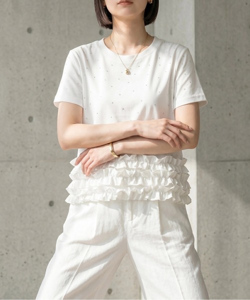 deux amour(ドゥーザムール)の「ストーン半袖フリルトップス(Tシャツ/カットソー・レディース・ブラック/ホワイト・M~L)」の5枚目の写真