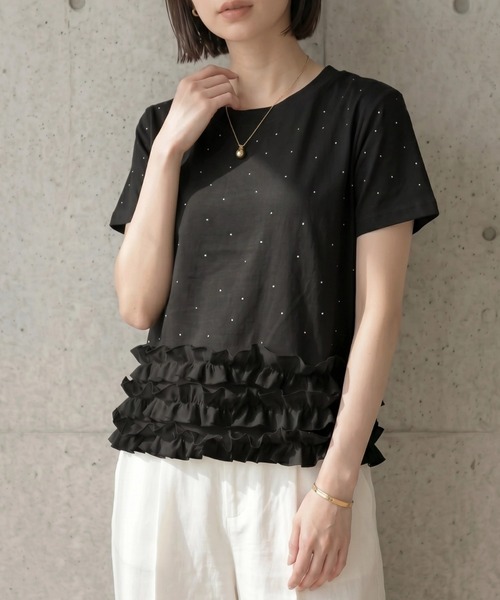deux amour(ドゥーザムール)の「ストーン半袖フリルトップス(Tシャツ/カットソー・レディース・ブラック/ホワイト・M~L)」の8枚目の写真