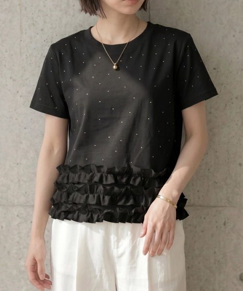 deux amour(ドゥーザムール)の「ストーン半袖フリルトップス(Tシャツ/カットソー・レディース・ブラック/ホワイト・M~L)」の9枚目の写真