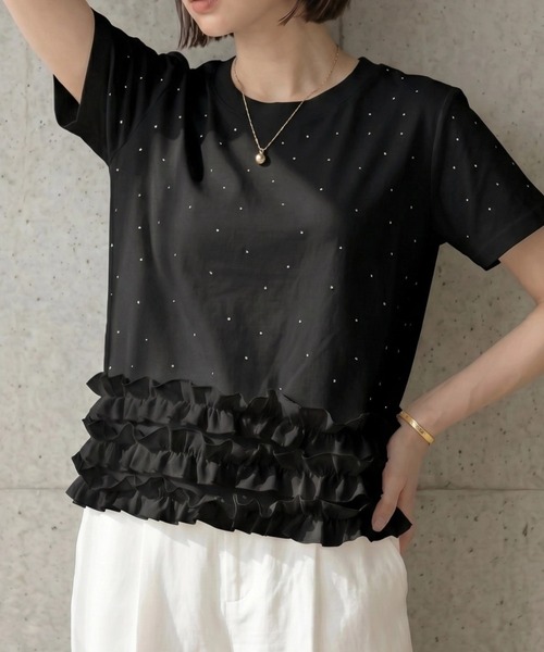 deux amour(ドゥーザムール)の「ストーン半袖フリルトップス(Tシャツ/カットソー・レディース・ブラック/ホワイト・M~L)」の7枚目の写真