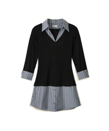 Striped Shirt Detail Jersey Dress_ Black