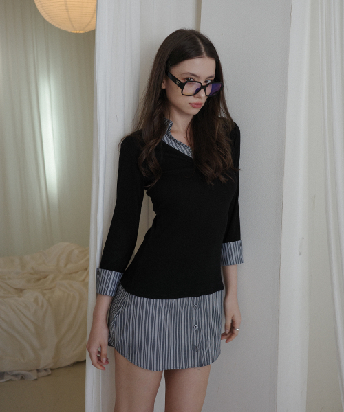 SALON DE YOHN（サロンドヨーン）の「Striped Shirt Detail Jersey Dress_ Black（ワンピース・レディース・その他・SMALL/MEDIUM）」の4枚目の写真