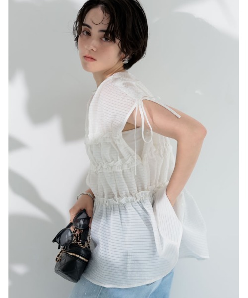 MEISM（ミズム）の「[2026 SUMMER COLLECTION][MEISM by Re:EDIT]シアーギンガムシャーリングフリルペプラムブラウス（シャツ/ブラウス・レディース・ブラック/ホワイト・LARGE/MEDIUM）」の9枚目の写真