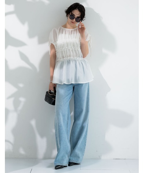 MEISM（ミズム）の「[2026 SUMMER COLLECTION][MEISM by Re:EDIT]シアーギンガムシャーリングフリルペプラムブラウス（シャツ/ブラウス・レディース・ブラック/ホワイト・LARGE/MEDIUM）」の8枚目の写真