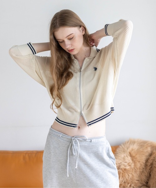 U.S. POLO ASSN.(ユーエスポロアッスン)の「【U.S. POLO ASSN.】clear 別注 ダブルジップメッシュニットカーディガン(カーディガン/ボレロ・レディース・アイボリー/ブラック/グレー・F)」の2枚目の写真