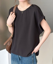 【こなれて見えるサイドスリット】無地 フレンチ スリーブ ラウンドネック Tシャツ レディース