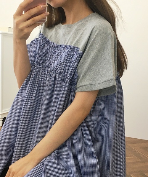 FUNALIVE(ファンアライブ)の「チェック柄布帛ドッキングPO(Tシャツ/カットソー・レディース・ネイビー/杢グレー/ブラック/オフホワイト・M~L)」の3枚目の写真