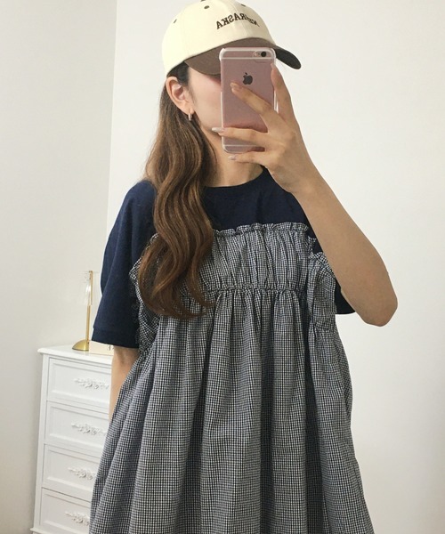 FUNALIVE(ファンアライブ)の「チェック柄布帛ドッキングPO(Tシャツ/カットソー・レディース・ネイビー/杢グレー/ブラック/オフホワイト・M~L)」の4枚目の写真