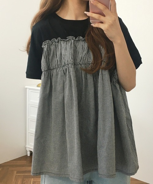 FUNALIVE(ファンアライブ)の「チェック柄布帛ドッキングPO(Tシャツ/カットソー・レディース・ネイビー/杢グレー/ブラック/オフホワイト・M~L)」の10枚目の写真