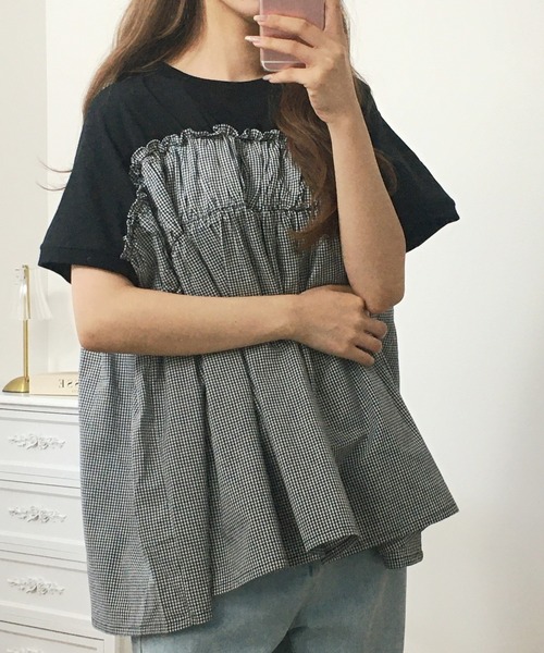 FUNALIVE(ファンアライブ)の「チェック柄布帛ドッキングPO(Tシャツ/カットソー・レディース・ネイビー/杢グレー/ブラック/オフホワイト・M~L)」の11枚目の写真