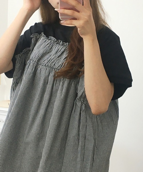 FUNALIVE(ファンアライブ)の「チェック柄布帛ドッキングPO(Tシャツ/カットソー・レディース・ネイビー/杢グレー/ブラック/オフホワイト・M~L)」の12枚目の写真