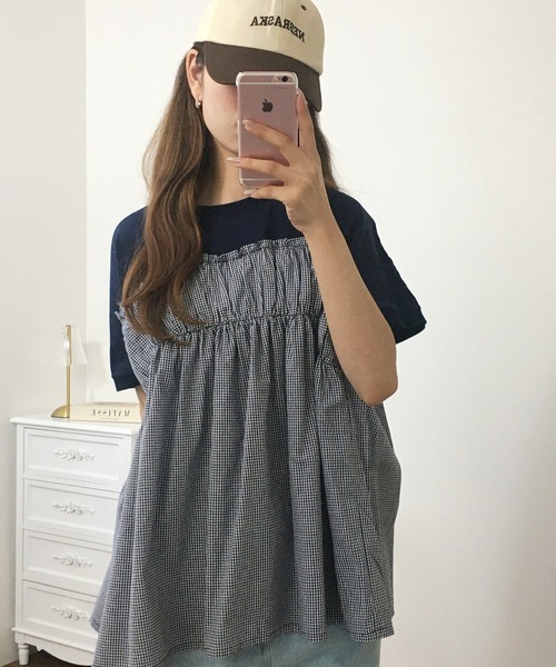 FUNALIVE(ファンアライブ)の「チェック柄布帛ドッキングPO(Tシャツ/カットソー・レディース・ネイビー/杢グレー/ブラック/オフホワイト・M~L)」の21枚目の写真