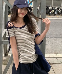 ワンショルダーリボン ボーダーTシャツ