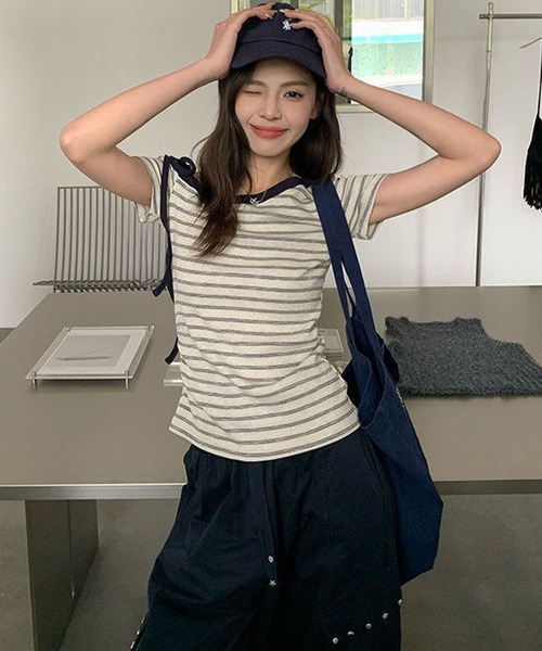 meJane(ミージェーン)の「ワンショルダーリボン ボーダーTシャツ(Tシャツ/カットソー・レディース・オフホワイト・FREE)」の7枚目の写真