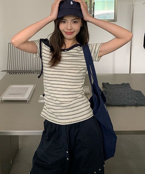 meJane(ミージェーン)の「ワンショルダーリボン ボーダーTシャツ(Tシャツ/カットソー・レディース・オフホワイト・FREE)」の11枚目の写真