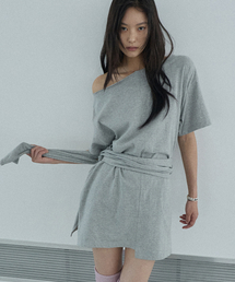 Off-Shoulder Wrap Tie Tee Melange Gray