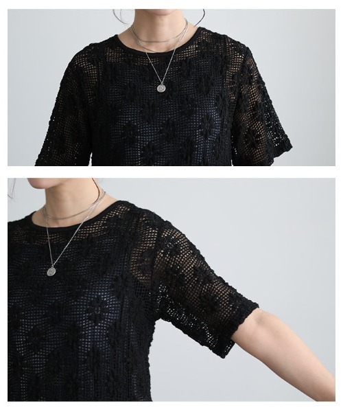 Sawa a la mode(サワアラモード)の「フラワーメッシュクルーネックプルオーバー(Tシャツ/カットソー・レディース・ブラック/アイボリー・FREE)」の6枚目の写真