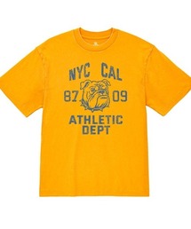 Ol' Basics(オール・ベーシックス) 半袖Tシャツ ヴィンテージライク バイオウォッシュ ブルドッグイラスト ロゴ ひび割れ クラックプリント Tシャツ 半袖 トップス カットソー カレッジ アメカジ カジュアル レディース ユニセックス