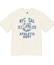 Ol' Basics(オール・ベーシックス) 半袖Tシャツ ヴィンテージライク バイオウォッシュ ブルドッグイラスト ロゴ ひび割れ クラックプリント Tシャツ 半袖 トップス カットソー カレッジ アメカジ カジュアル レディース ユニセックス