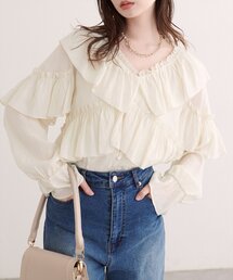 natural couture | Vネックフリル衿キャンディスリーブブラウス(シャツ/ブラウス)