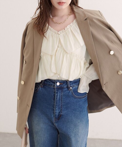 natural couture（ナチュラルクチュール）の「Vネックフリル衿キャンディスリーブブラウス（シャツ/ブラウス・レディース・アイボリー/レッド系その他/ブラウン・FREE）」の7枚目の写真