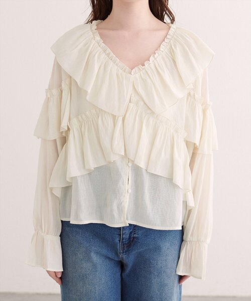 natural couture（ナチュラルクチュール）の「Vネックフリル衿キャンディスリーブブラウス（シャツ/ブラウス・レディース・アイボリー/レッド系その他/ブラウン・FREE）」の9枚目の写真