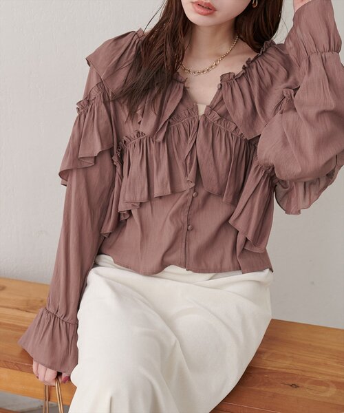 natural couture（ナチュラルクチュール）の「Vネックフリル衿キャンディスリーブブラウス（シャツ/ブラウス・レディース・アイボリー/レッド系その他/ブラウン・FREE）」の22枚目の写真