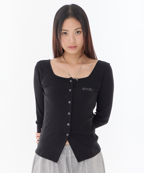 ASON(アズオン)の「MUTE BUTTON CARDIGAN / BLACK(カーディガン/ボレロ・レディース・その他・FREE)」の1枚目の写真