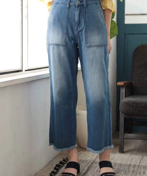 Green　Parks（グリーンパークス）の「甘織りワイドデニムパンツ（デニムパンツ・レディース・インディゴブルー/ライトインディゴブルー/ワンウォッシュ・M/L）」の15枚目の写真