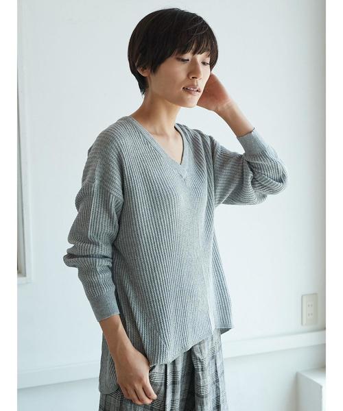 AMERICAN HOLIC（アメリカンホリック）の「・長袖ワッフル編み両Vネックプルオーバー（ニット/セーター・レディース・オフホワイト/ライトカーキ/ネイビー/ブラック/杢グレー・FREE）」の13枚目の写真