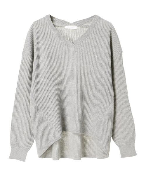 AMERICAN HOLIC（アメリカンホリック）の「・長袖ワッフル編み両Vネックプルオーバー（ニット/セーター・レディース・オフホワイト/ライトカーキ/ネイビー/ブラック/杢グレー・FREE）」の7枚目の写真