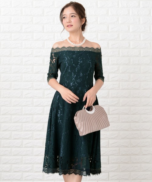 Lace Ladies(レースレディース)の「総レースオフショルダーミモレ丈フレアドレス・ワンピース(ドレス・レディース・ベージュ/ブラック/グリーン/ネイビー・M/S/L/XL)」の3枚目の写真