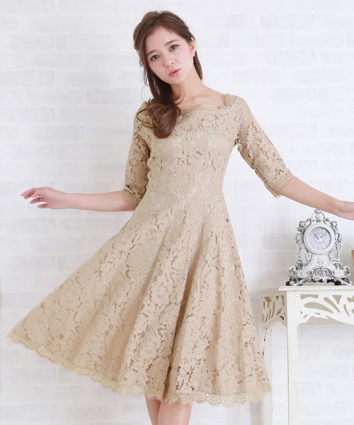 Lace Ladies(レースレディース)の「総レースオフショルダーミモレ丈フレアドレス・ワンピース(ドレス・レディース・ベージュ/ブラック/グリーン/ネイビー・M/S/L/XL)」の11枚目の写真